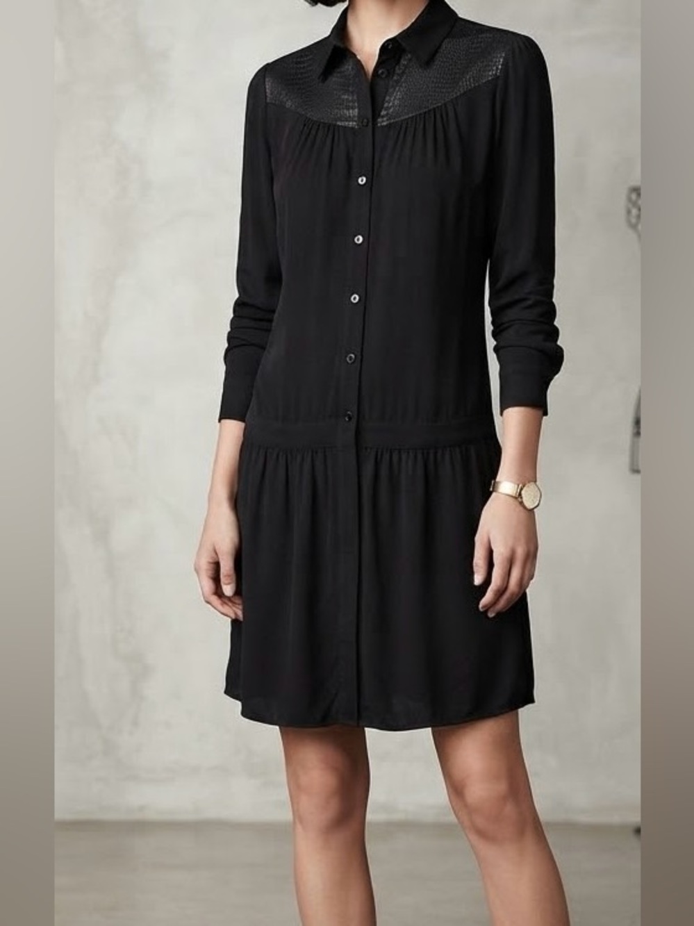 Classic Black Long-Sleeve Shirt Dress with Textured Yoke